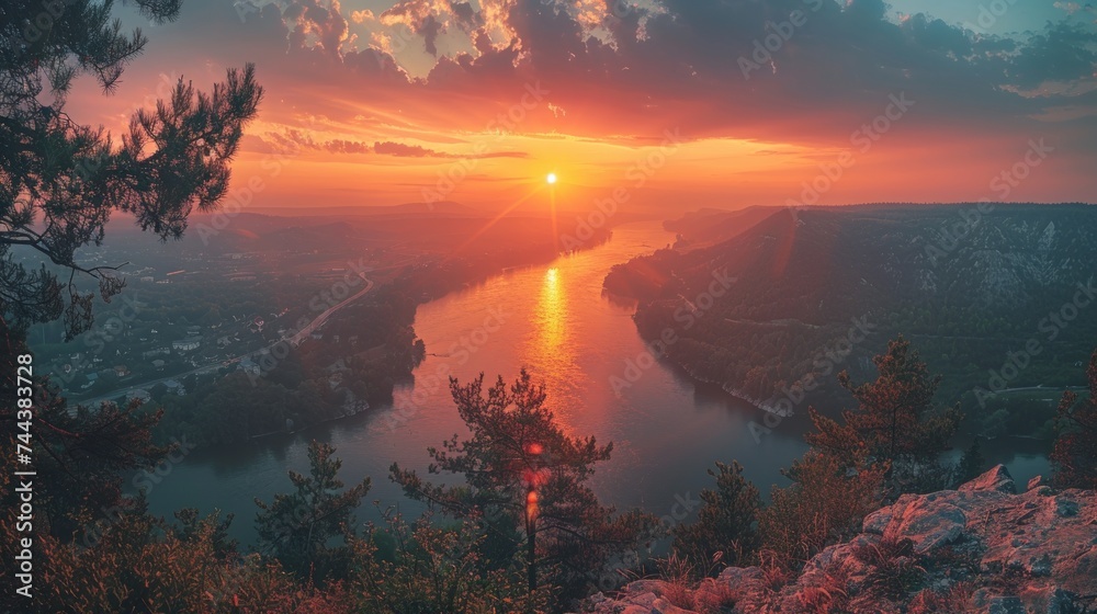 Sunset over the lake. Amazing panorama landscape, Panoramic view of sunrise over the lake in nation park - obrazy, fototapety, plakaty 