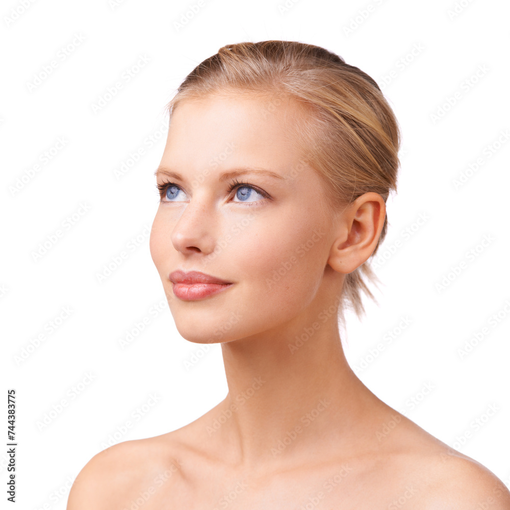 Aesthetic, skincare and vision with natural woman in studio isolated on white background for wellness. Beauty, face and makeup with young model thinking at spa or salon for dermatology treatment Aesthetic, skincare and vision with natural woman in studio isolated on white background for wellness. Beauty, face and makeup with young model thinking at spa or salon for dermatology treatment