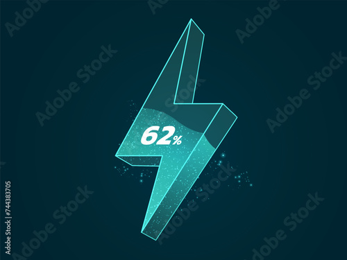 3D lightning bolt element, symbol electric vehicle show the battery percentage charging interface vector design concept. ECO Clean Energy graphic. Electric vehicle neon blue illustration.