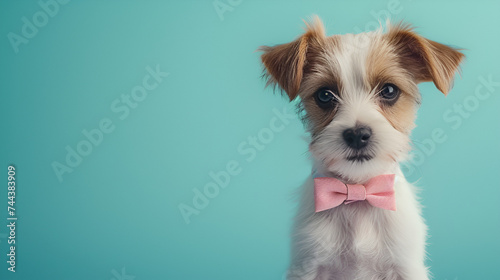 Cute Back Puppy Dog with Pink Bow Tie Necklace on Light Background, Adorable Pet Accessory Fashion, Sweet Animal Portrait, Pet Grooming Concept, Generative AI