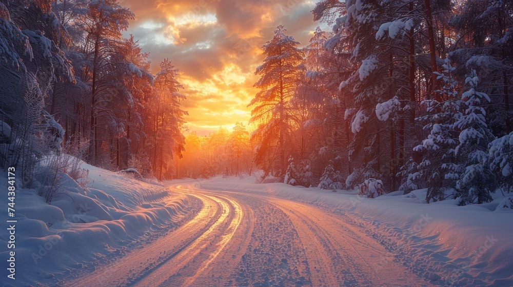 Sunset on a snow covered road in Finland Breathtaking sunset with golden and pink clouds over frozen lake in Lapland.