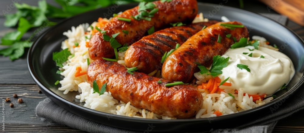 Delicious plate of crispy chicken wings served with savory rice and fresh vegetables Delicious plate of crispy chicken wings served with savory rice and fresh vegetables