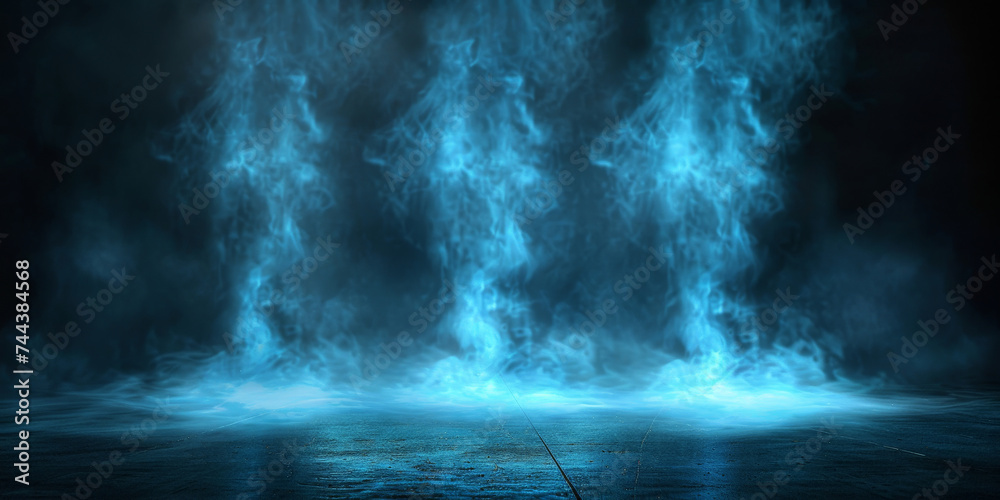 dark blue room background with smoke and floor, Dark empty scene, blue neon searchlight light, smoke, night view, rays