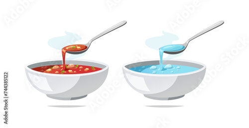 Soup in a bowl with spoon isolated on white background. 