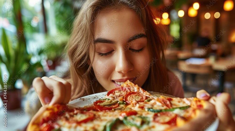 With genuine delight, the girl eagerly savors her slice of pizza, thoroughly enjoying the delectable flavors.