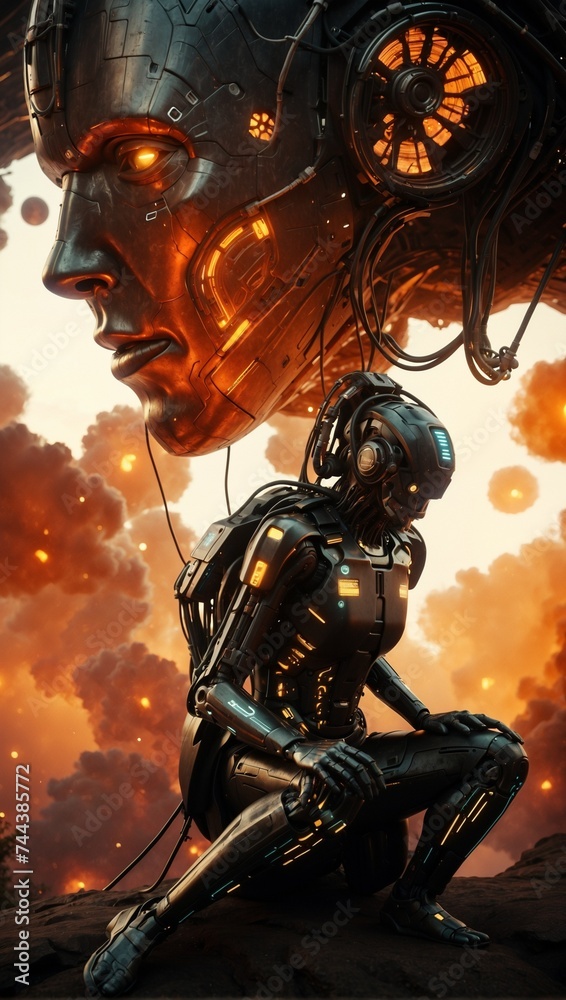 fantasy warrior robot in war and smoke Generative AI fantasy warrior robot in war and smoke Generative AI