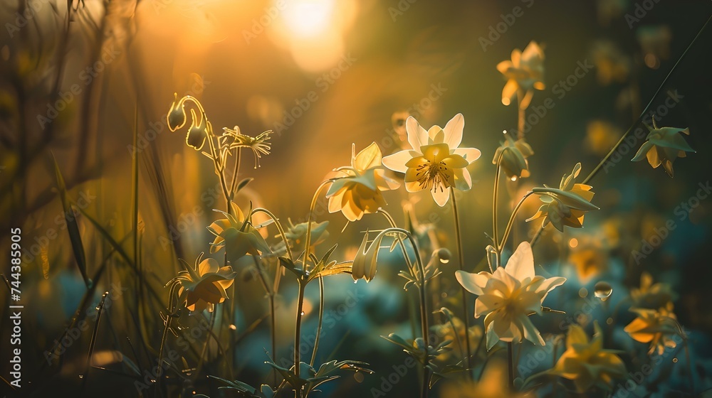 Serene wildflowers bathed in golden sunlight, depicting tranquility and natural beauty. perfect for calming themes and nature backdrops. AI