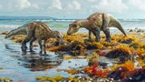 A pair of herbivorous dinosaurs grazing on the colorful seaweed and algae growing on the sides of a tidal pool.