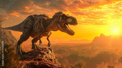 A majestic Tyrannosaurus rex surveys the savannah from a rocky outcrop its sharp teeth glinting in the golden light. photo