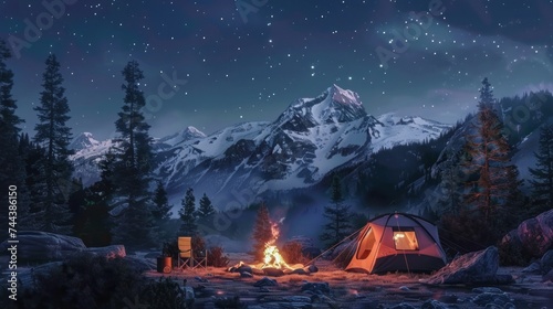 A cozy evening camping scene where a family gathers around a warm campfire