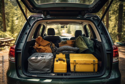 Preparation for a Forest Road Trip: Packed Car with Camping Gear
