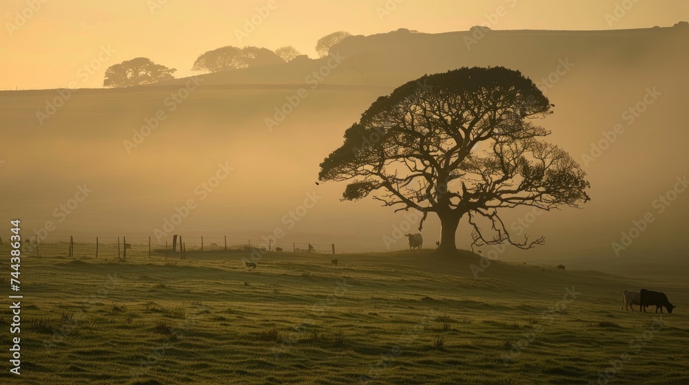 a lone tree and cattle grazing peacefully on a field enveloped by the soft mist of an early morning