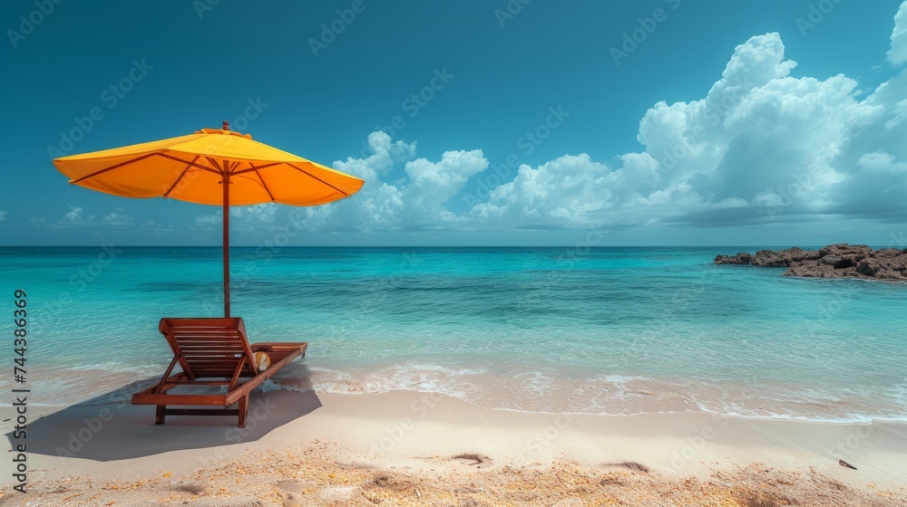 Beach chair and yellow umbrella with blue sky and ocean background