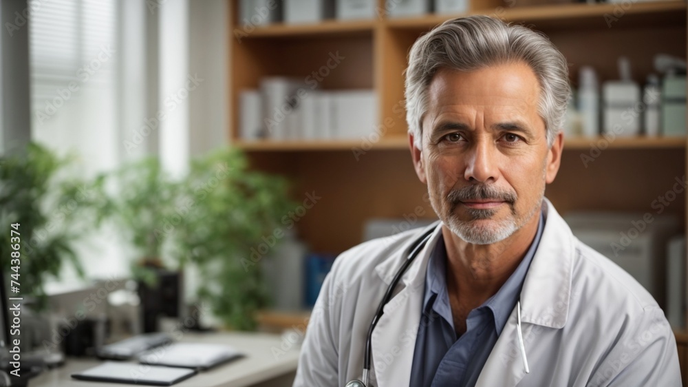 Obraz premium Portrait of a doctor, handsome doctor wearing apron and stethoscope in his office Generative AI