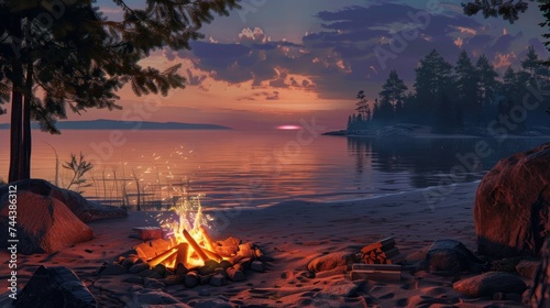 campfire on the beach, under the summer stars, kindles warm