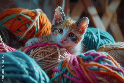 Fluffy kitten playing with thread balls