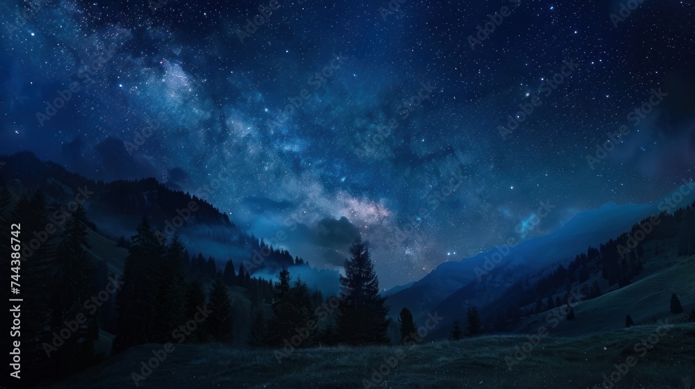 Milky Way stretches across the night sky - obrazy, fototapety, plakaty 