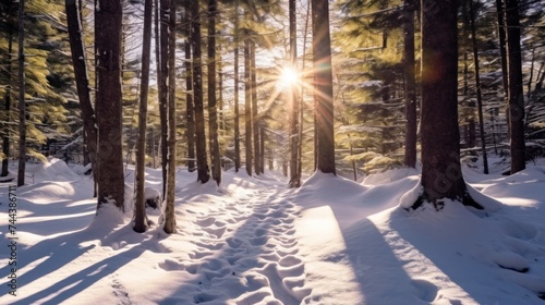 Sunlight through trees around snowshoe trekkers Sun rays through the green trees.