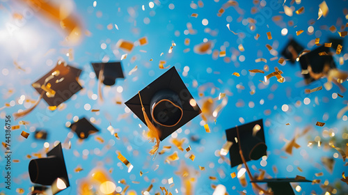 Graduation Cap Floating in the Sky with Confetti, Flying Mortarboard Celebrating Academic Success and Achievement, Education Concept, Generative AI