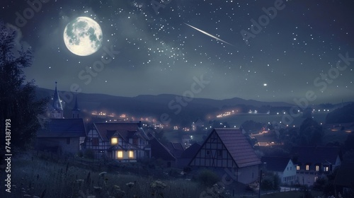 A nostalgic scene of a vintage town under the night sky, illuminated by a moon and a single star