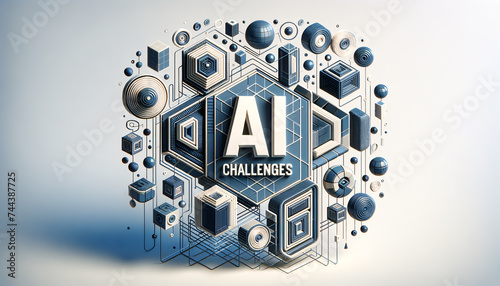 AI Challenges in Geo Minimalism style: Bold, geometric shapes frame central text