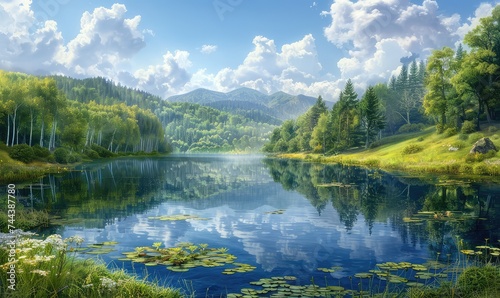 Tranquil Lake Reflect upon the serene beauty of a tranquil lake nestled amidst rolling hills and verdant forests. The still waters mirror the surrounding landscape