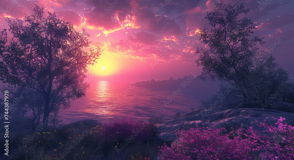 Obraz premium Sunrise Serenity Witness the breathtaking beauty of a sunrise over the horizon, as the sky is painted in hues of pink, purple, and gold. Silhouetted trees stand in stark relief against the dawn sky