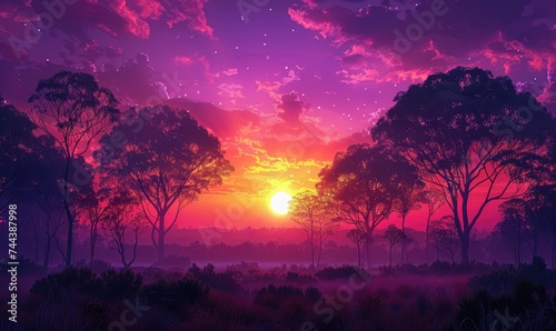 Sunrise Serenity Witness the breathtaking beauty of a sunrise over the horizon, as the sky is painted in hues of pink, purple, and gold. Silhouetted trees stand in stark relief against the dawn sky