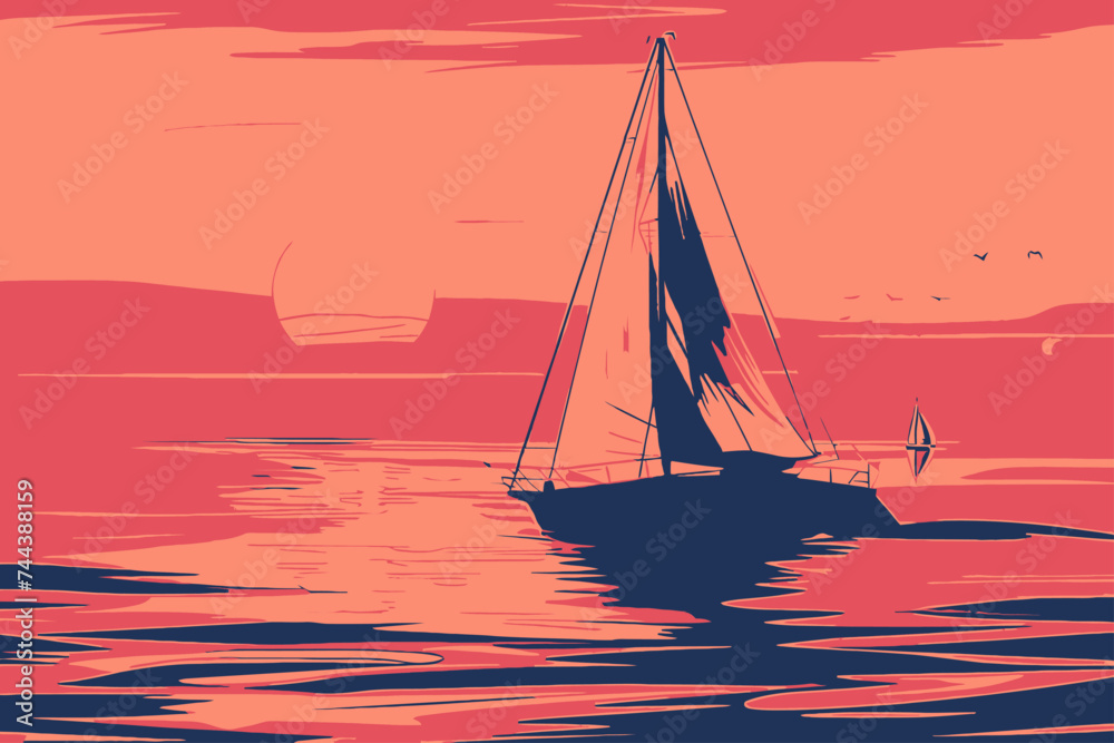 Boat Ship In Sunset Illustration