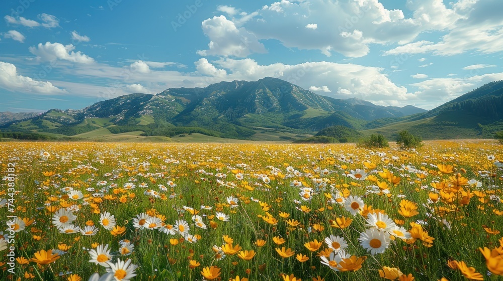 Summer landscape with flowers in the mountains valley with golden and green trees