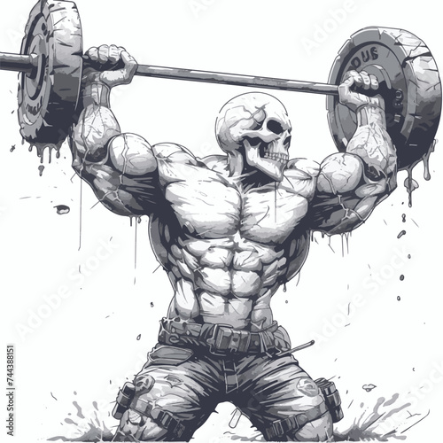 Muscle Skull man bodybuilder holding a large barbell with big weights