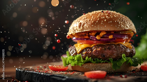 Fresh Beef Cheeseburger Sandwich with Flying Ingredients, Delicious Burger with Lettuce, Tomato, Cheese, and Beef Patty, Fast Food Concept, Tasty Hamburger on Plate, Culinary Photography, Generative A