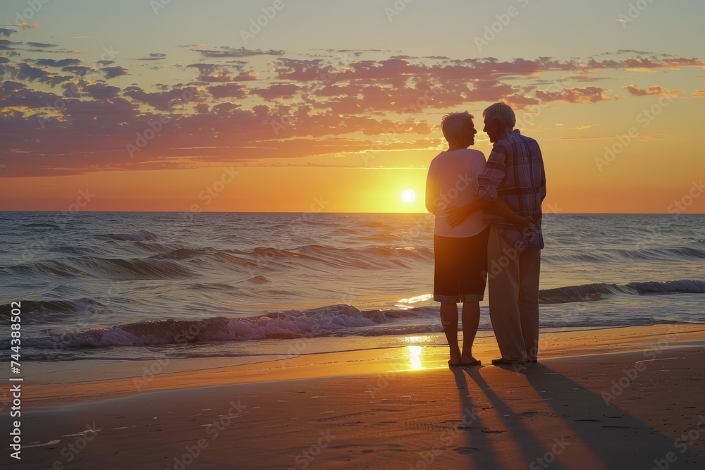 An elderly couple in a loving embrace watches the sunset over the ocean, enjoying a peaceful moment together.