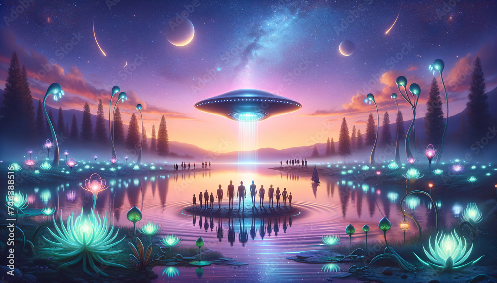 Peaceful First Contact: Diverse group welcomes ethereal spacecraft at twilight lake