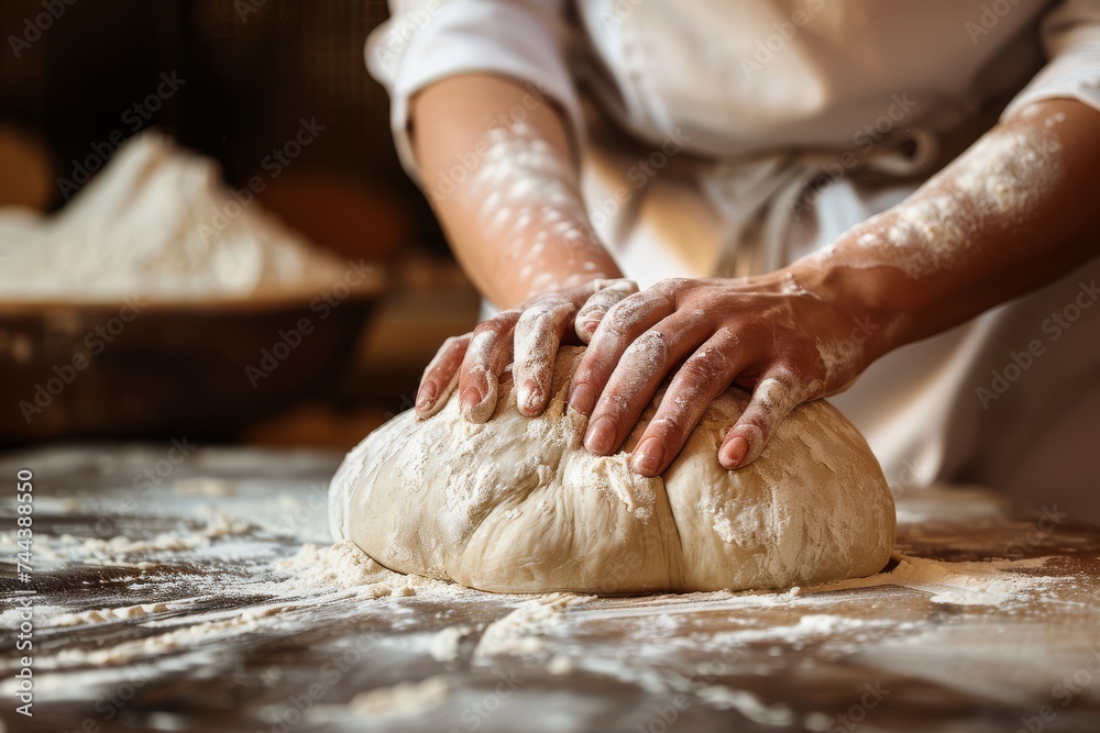 Close-up of a baker's hands kneading dough on a wooden surface in a bakery kitchen.