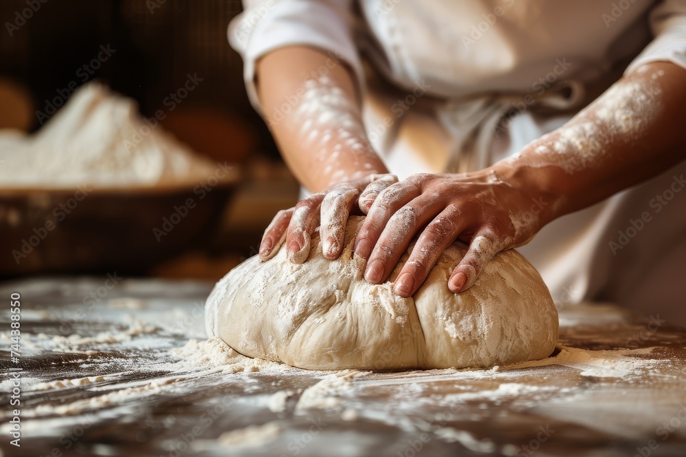 Close-up of a baker's hands kneading dough on a wooden surface in a bakery kitchen. Close-up of a baker's hands kneading dough on a wooden surface in a bakery kitchen.