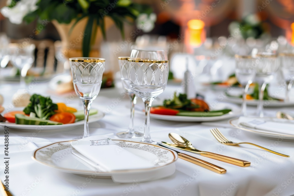 Table setting for a wedding reception with glasses.