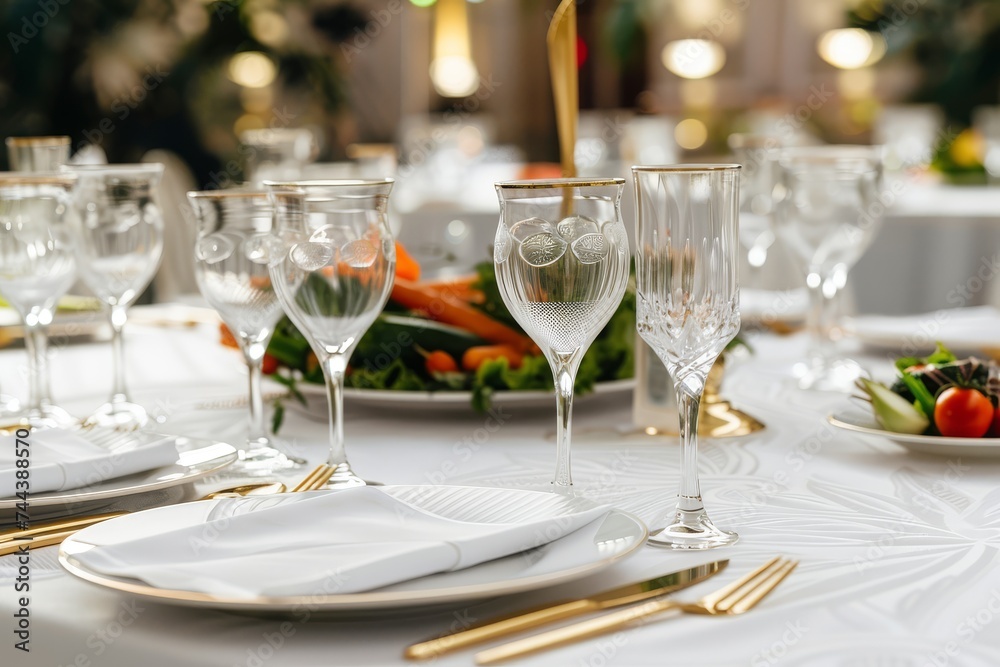 A sophisticated table setting for a wedding reception with glasses and golden cutlery.