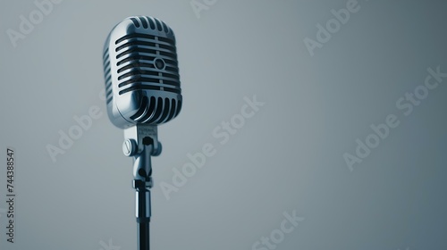 Vintage microphone on a stand against a grey background. studio recording equipment. classic retro style microphone. AI