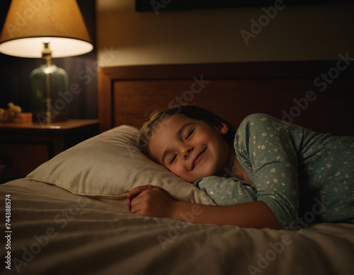 smiling child slepping in a bed, in a dark bedroom, at night
