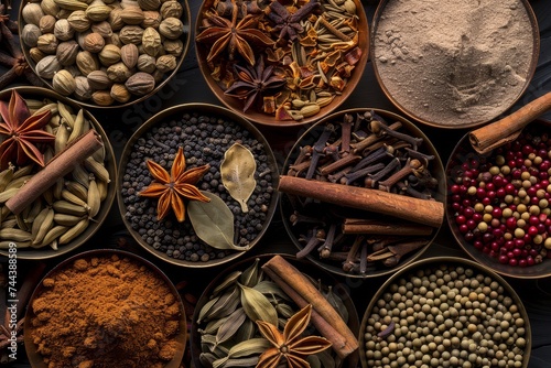 Various spices in small bowls on a dark background, top view of culinary ingredients.