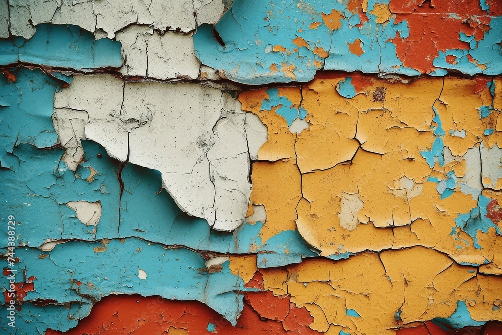 The textured surface of a brightly colored urban wall with peeling paint, showing signs of decay.