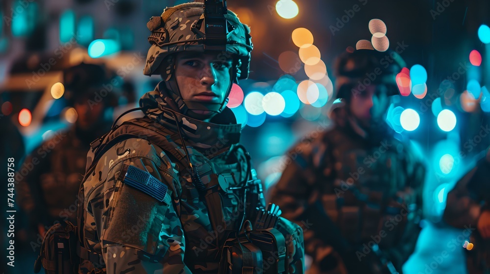 Portrait of a soldier in uniform during a night operation. evocative military scene with bokeh lights, focused on security. stock photo for editorial use. AI