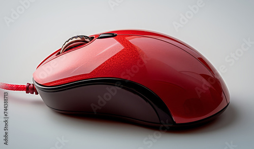 Close-up of a red computer mouse with a modern design on a white background.
