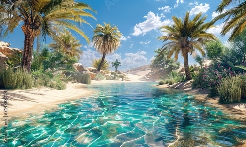 Desert Oasis beauty of a desert oasis  where lush palm trees and shimmering pools of water provide a welcome respite from the harsh desert landscape. Sand dunes stretch to the horizon