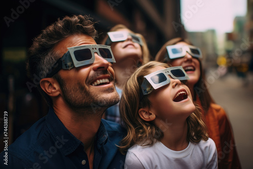 Family Enjoying Solar Eclipse Together with Protective Eyewear 