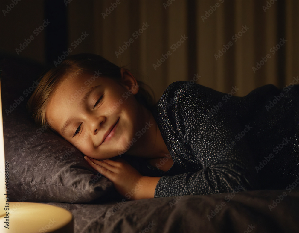 smiling child slepping in a bed, in a dark bedroom, at night smiling child slepping in a bed, in a dark bedroom, at night