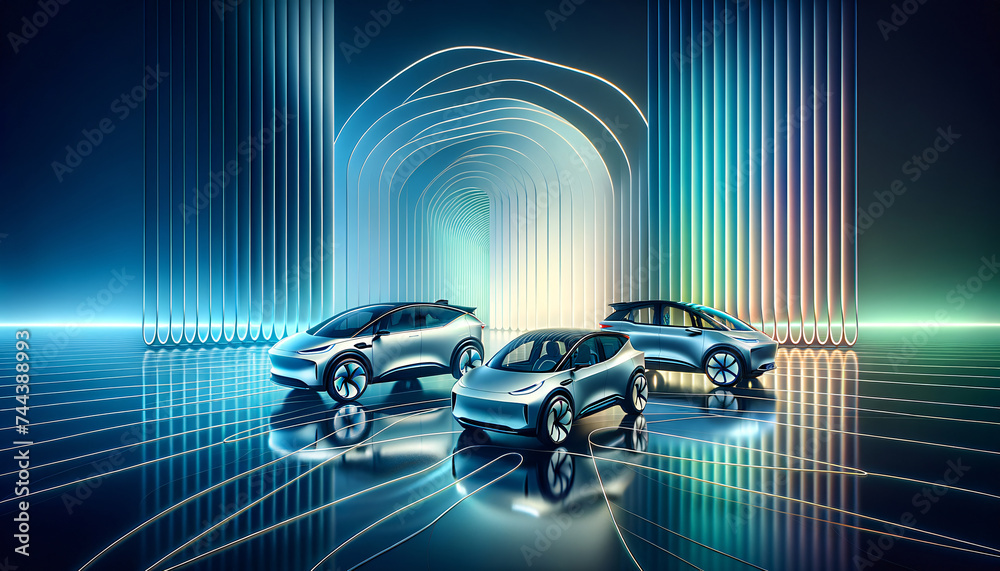 Electric vehicles showcased with photorealistic detail and vibrant geometric simplicity - obrazy, fototapety, plakaty 