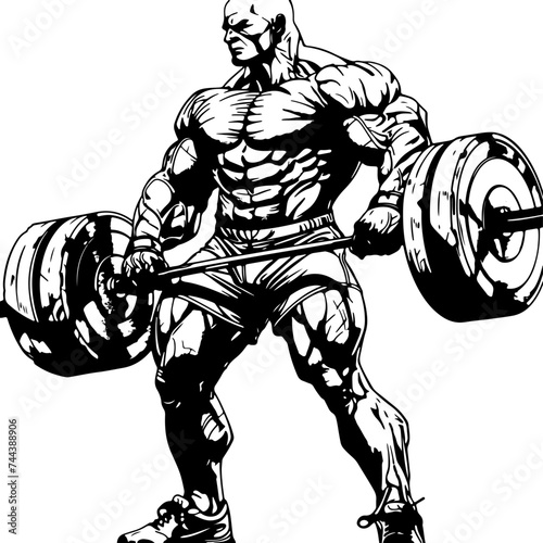 Muscle Skull man bodybuilder holding a large barbell with big weights