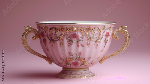 A hand-painted porcelain teacup, adorned with intricate gold filigree, set against a delicate blush pink background.